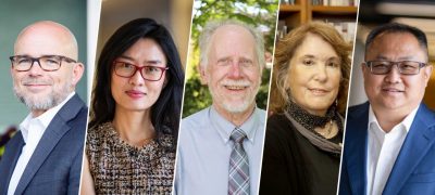 a photo of Virginia Tech’s AAAS Fellows (from left): William "Bill" Hopkins, Daphne Yao, Kevin Edgar, Deborah Mayo, and Chang Lu. Virginia Tech photos