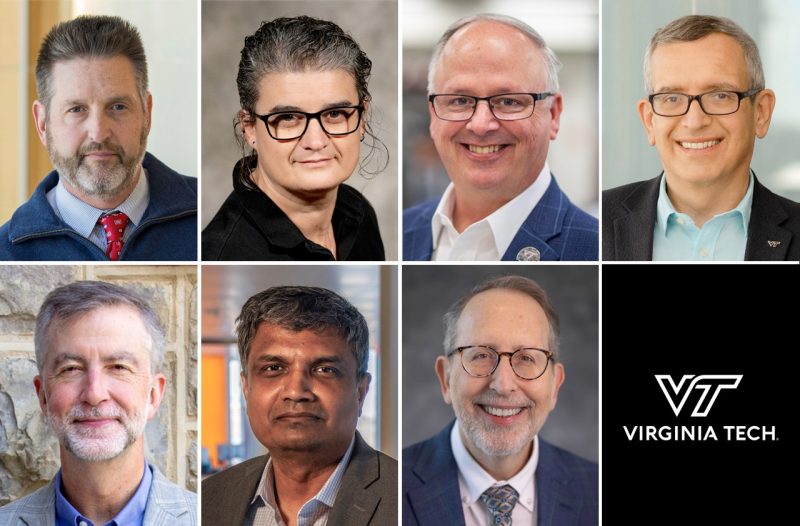 this is a collage of seven faculty members. From top right: John Rossmeisl., Carla Finkielstein, Stefan Duma, Luiz DaSilva, and bottom right: Robin McCarley, aren Ramakrishnan, and Lee Learman,.