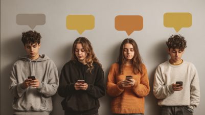 Four teenagers holding smart phones standing against a wall with empty thought bubbles above their heads.