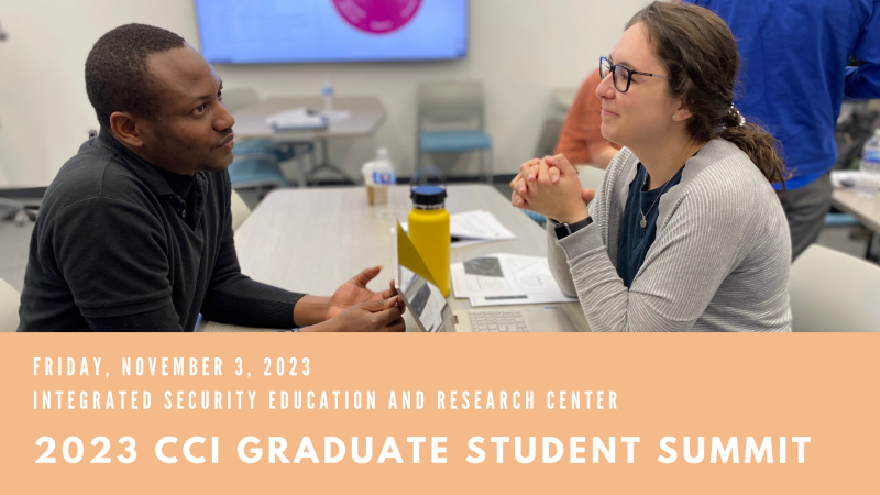 Two students talking, Grad student summit on Friday, november 3, 2023