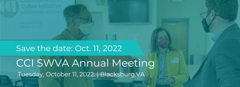 Three researchers talk animatedly under a powerpoint presentation slide reading "CCI SWVA annual meeting."